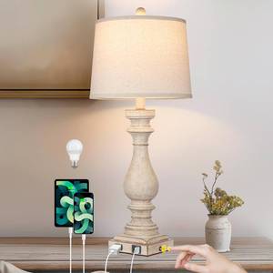 lot 3350 image: Cinkeda 27.5in Tall Farmhouse Lamp,Wash-White Vintage Bedside Nightstand Lamps with USB Charging Ports AC,3-Way Dimmable Touch Control Retro Lamp for Bedroom Living Room,Single Beige