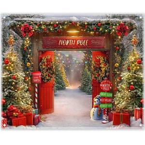 lot 4028 image: YCUCUEI 10x8ft Fabric Christmas Backdrop Winter Forest Wooden Barn Door North Pole Snowy Xmas Tree Photography Background Family Holiday Party Decor Photo Props