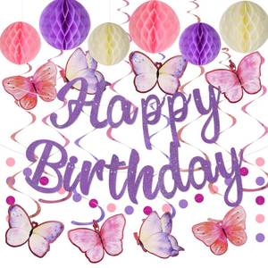 lot 4406 image: YEOCU Birthday Decorations, NO DIY, Pre-Strung Happy Birthday Banner with Honeycomb Balls, Hanging Swirls, Circle Dots Garland, Happy Birthday Party Decorations for Women Men Boys Girls (Purple)