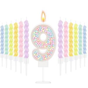 lot 4410 image: MTLEE Number 9 Birthday Candle with 12 Pcs Spiral Candles for Girls Macaron Pastel Rainbow Unicorn Pink Cake Topper for Sweet Theme Party Decoration