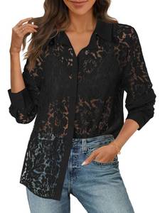 lot 4416 image: MEROKEETY Womens Lace Long Sleeve Tops Dressy Casual Blouse Button Down Sheer Elegant Summer Shirts, Black, Medium