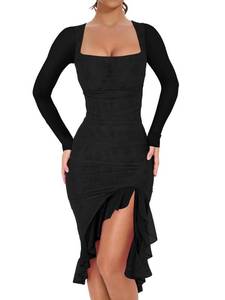 lot 4421 image: BORIFLORS Womens Sexy Ruched Bodycon Midi Dresses Elegant Mesh Long Sleeve Square Neck Ruffle Hem Cocktail Party Dress, X-Large, Black