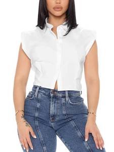 lot 4424 image: Rooscier Womens Cap Sleeve Button Down Collar V Neck Slim Fit Crop Top Shirt Blouse Solid White Medium