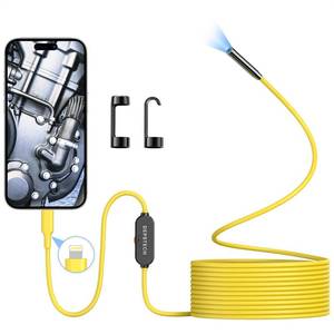 lot 4452 image: DEPSTECH Endoscope Camera with Lights, 7mm Slim Probe Borescope Inspection Camera with Bluart 3.0 Tech, 16.4ft Semi-Rigid Cable, IP67 Waterproof Snake Camera for IOS 12.0 Device,Gadget for Men-Yellow