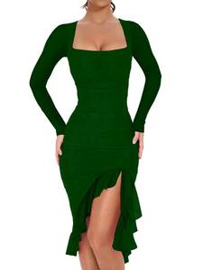 lot 4465 image: BORIFLORS Womens Sexy Ruched Bodycon Midi Dresses Elegant Mesh Long Sleeve Square Neck Ruffle Hem Cocktail Party Dress, Medium, Dark Green