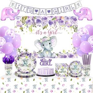 lot 5833 image: PYCALOW Elephant Girl Baby Shower Decorations - Elephant Party Supplies Include Banner, Backdrop, Balloons, Topper, Plates, Cups, Napkins, Cutlery, Tablecloth, Straws, Elephant Baby Girl Decorations