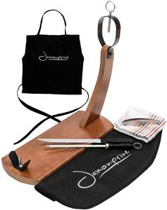 lot 5840 image: Jamonprive Professional Ham Stand Lacquered with Ham Knife  Sharpening Steel  Ham Cover  Kitchen Cloth  Apron  Tongs - Ham Holder Ideal for Serrano Ham, Iberico Ham and Italian Prosciutto