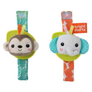 lot 6126 image: Bright Starts Rattle and Teethe Wrist Pals Toy - Monkey and Elephant, Newborn 