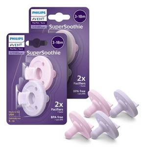lot 6133 image: Philips Avent Soothie 3-18 Months Orthodontic Baby Pacifiers, 100% Silicone Pacifiers, One Piece, BPA-Free, 2 Lilac and 2 Pink, 4 Pack, Model SCF19270