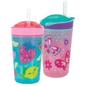 lot 6144 image: NUBY All in One Snack Bowl and No Spill Soft Straw Cup - 2 Pack Pink Butterflies and Aqua Fruits - Snack N Sip, Holds 4.5 oz Container with Lid and 9 oz 270 ml Straw Cup (12 Months )