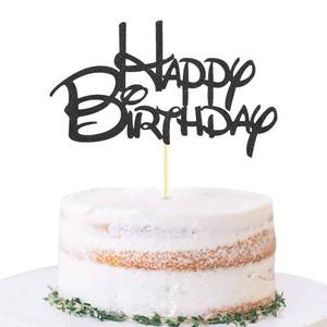 lot 6172 image: Black Happy Birthday Cake Topper - Black Glitter Birthday Party Cake Decoration Supplies, Cake Smash Decoration Photo Booth Props, Black Paper Cake Topper Flags Sign