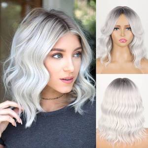 lot 6197 image: Aisaide Gray Ombre Wig Short Gray Wavy Bob with Bangs Sliver Wigs for Women Synthetic Grey Curly Bob Silver White Hair with Curtain Bangs Ombre Light Grey with Dark Roots 14inch