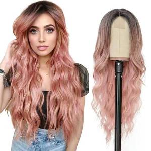 lot 6200 image: WANGBOHAIR 26 Inch Long Ombre Pink Wavy Wig Natural Appearance Artificial Heat Resistant Fiber Curly Wig Suitable for Women Daily Party