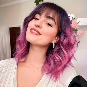 lot 6204 image: MOSINA Curly Wavy wig with Bangs for Women,Synthetic 12 inches Ombre Pink Short Bob Wigs for Women,Heat Resistant Fiber Wig for Suitable for work, parties and other occasions Use