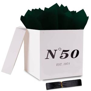 lot 6230 image: JWSCYSY 50th White and Black 8.7in Medium Birthday Gift Box with Lid, Ribbon and Tissue Paper, Metallic Printing Keepsake Gift Vintage Box for Men Women, 1974 50 Year Old Party Favor Decorative.