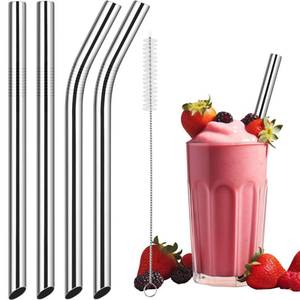lot 6233 image: NiHome 4-Pack Stainless Steel SmoothieMilkshake Straws, 0.5 Extra Wide Reusable Metal Straw, Straight and Bent Drinking Straws for Boba, Thick Beverages, Cold Drinks, 1 Brush (Silver)