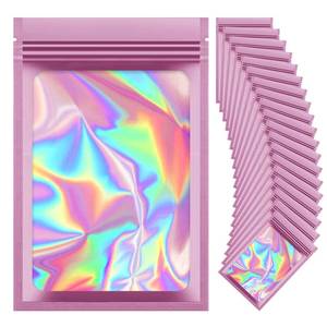 lot 6272 image: 100 Pieces Resealable Mylar Bags, Small Holographic Packaging Bags, Smell Proof Mylar Bags for Food StorageJewelryEyelash for Small Business (Pink, 4.7x7.8 Inch)