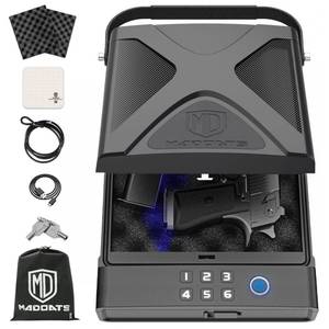 lot 6279 image: MD MADOATS Car Gun Safe, Portable Biometric Safes for Pistols with Cable, Fingerprint and Keypad and Key Access Handgun Lock Box for Vehicle Travel Home (Leather Logo) - Retail $83.75