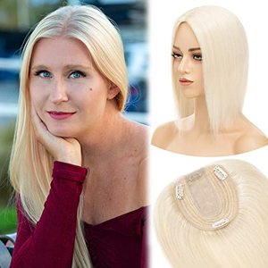 lot 6479 image: MY-LADY Human Hair Toppers for Women Real Human Hair for Thinning Hair 10  12CM Silk Base Hairpieces No Bangs 130% Density Clip in Remy Hair Pieces 14 Inch #60 Platinum Blonde - Retail $119.5