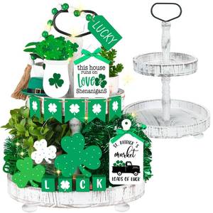 lot 7719 image: Shellwei Set of 14 St. Patricks Day Tiered Tray Decor Set with Wooden Tiered Tray Stand Irish Festival Shamrock Green Wooden Signs Rustic Farmhouse Decorative Trays for Home Kitchen Tabletop