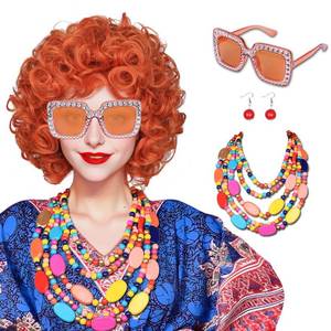 lot 8390 image: FantaLook Curly Orange Red Cosplay Wig with Necklace Earrings and Sunglasses for Women Halloween Costume