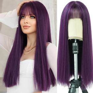 lot 8401 image: A 7JHH WIGS Dark Purple Wig With Bang For Women 23in Long Straight Synthetic Wig For Girl Emo Cosplay And Daily Use