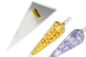 lot 8428 image: Hustar Cone Treat Bags, 7inx15in 100pcs Large Clear Cellophane Bags for Popcorn with 100pcs ties