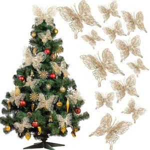 lot 8435 image: Jutom 24 Pc Christmas Tree Butterfly Decorations 3 Sizes 3D Glitter Hollow Butterfly Ornaments Hanging Wall Decor with Clips and Stems for Christmas Tree Wreaths (Champagne Gold)