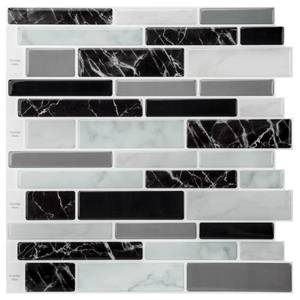 lot 8440 image: Art3d 11.8inx 11.8in Peel and Stick Vinyl Tiles, Self Adhesive Removable Stick On Kitchen Backsplash, Marble Black (10-Sheet)