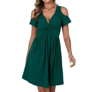 lot 8441 image: Womens Cold Shoulder Dress Short Sleeve Deep V-Neck Front Knotted Casual Sundress Knee Length Dresses for Women 2025 Dark Green