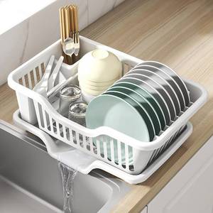 lot 11670 image: Noamus 2-Piece Plastic Dish Drying Rack, Heavy Duty Sink Set Dish Rack, White Large Drainer with Attached Drainboard Utensil Cup Holders for Home Kitchen Counter Top Organizers