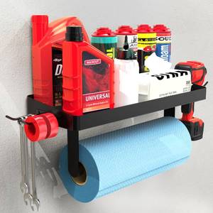 lot 12293 image: YIGII Garage Paper Towel Holder with Shelf - .Wall Mount Paper Towel Holder with 4 Hooks, Single-Hand Tear Paper Towel Rack Heavy Duty Tissue Holder for Clean Station, Craft Room, Workbench (Black)