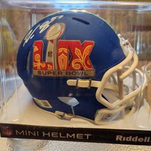 lot 2600 image: Authenticated, hand signed, Super Bowl SBLIX mini helmet by Kansas City Chiefs Tight End Noah Gray