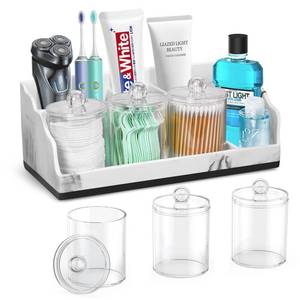 lot 8352 image: TuCao Marble Bathroom Countertop Organizer, Toothbrush Holders for Bathroom with 3PCS Qtip Holder Dispenser and Toothpaste Holder Drainage for Bathroom Accessories Organization Counter Vanity Storage