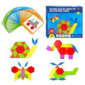 lot 8359 image: 155 PCS Wooden Pattern Blocks Set, 24 Double-Sided Design Cards(48 Patterns) Geometric Shape Puzzle Fun Tangram Montessori Learning Toys for Kids Ages 4-8 (A Storage Bag & A Gift Box)