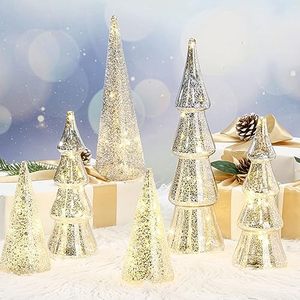 lot 8410 image: LOYIM 6 Pcs Mercury Glass Christmas Tree Silver Plate Glass Figurines with LED Fairy Lights 11 in Tall Silver Finish Light up Christmas Tree Ornaments Holiday Table Centerpiece Tabletop(Classic)