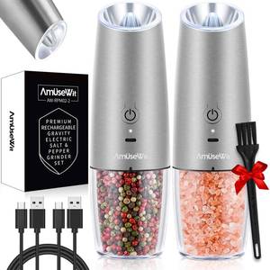 lot 8434 image: AmuseWit Gravity Electric Salt and Pepper Grinder Set White Light USB Rechargeable Automatic Pepper and Salt Mills,Adjustable Coarseness,One-Handed Operation,Stainless Steel