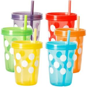 lot 8441 image: Youngever 7 Sets 11 Ounce Plastic Kids Cups with Lids and Straws, 7 Pack Reusable Toddler Cups with Straws in 7 Assorted Colors (Polka)