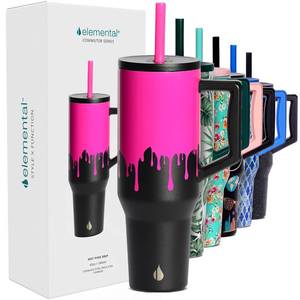 lot 8453 image: Elemental 40 oz Tumbler with Handle and Straw - Spill Proof Insulated Stainless Steel Commuter for Hot and Cold Beverages - Travel Coffee Mug with 2 Straws & Spill Proof Lid - 40oz - Hot Pink Drip