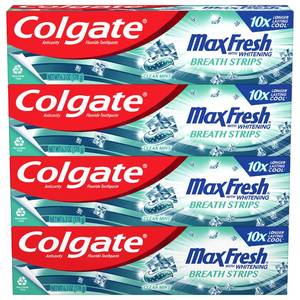 lot 8462 image: Colgate Max Fresh Whitening Toothpaste with Mini Strips, Clean Mint Toothpaste for Bad Breath, Helps Fight Cavities, Whitens Teeth, and Freshens Breath, 6.3 Ounce (Pack of 4)