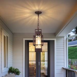 lot 8472 image: 15 Outdoor Indoor Pendant Light Exterior Hanging Lantern, Modern Metal Outside Chandelier Light Fixture Ceiling Mount with Water Glass for Front Porch Entrance Foyer Entryway, Oil Rubbed Bronze - Retail $77.15