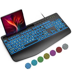 lot 8474 image: SABLUTE Large Print Backlit Computer Keyboards, Wired Lighted USB Keyboards with 7-Color Backlit, Wrist Rest, Phone Holder, Easy to Read and Type for Laptop, PC, Windows, Desktop