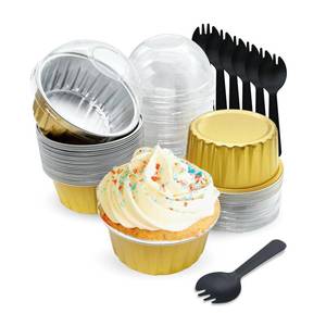 lot 8475 image: OYEL Disposable Ramekins, Gold 30pcs 5oz Mini Aluminium Foil Baking Cups with Lids Creme Brulee Cupcake Liners, Desert Cheesecake Pans Flan Molds for Party Favor Birthday,with 30 Spoons
