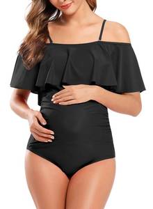 lot 8479 image: SHEKINI Womens Off-Shoulder Maternity Swimsuits Ruffle Pregnancy One Piece Bathing Suit(Black Medium)