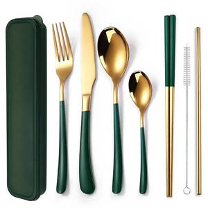lot 8491 image: AARAINBOW 7 Pieces Stainless Steel Flatware Set Portable Reusable Cutlery Set Travel Utensils Set Including Chopsticks Knife Fork Spoon Straws Cleaning Brush Dishwasher Safe (B-Pink Golden)
