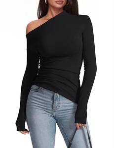 lot 8498 image: Meetrendi Womens Sexy Off Shoulder Going Out Tops Long Sleeve Asymmetrical Slim Fit Trendy Fall Shirts Black M