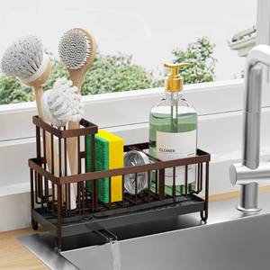 lot 8519 image: Cisily Sponge Holder for Kitchen Sink, Sink Caddy with High Brush Holder, Organzier Rustproof 304 Stainless Steel Dish Organizer Divider, Soap Dispenser Storage(Brown)