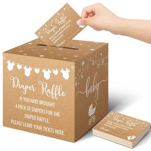 lot 8536 image: Teling 51 Pieces Diaper Raffle Tickets with Card Box Baby Shower Decorations Baby Shower Holder Box for Girl Boy Diaper Raffle Party(Kraft Paper Style)