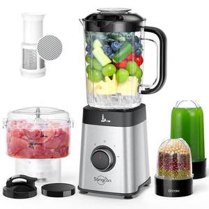lot 8563 image: Sangcon Blenders and Food Processor Combo for Kitchen, 5 in 1 Blender for Shakes and Smoothies, Meat Chopped, Grinding & more, 40 oz Jar & 17oz Cup with To-Go Lid, Stainless Steel Silver