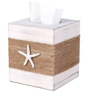 lot 8565 image: SOMTO Beach Rustic White Wood Square Tissue Box Cover,Farmhouse Bathroom Accessories Starfish Decor Tissue Holder with Slide-Out Bottom Panel